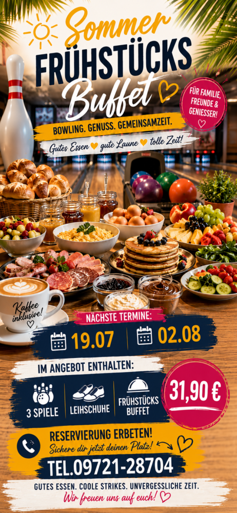 Sommer-Frühstücksbuffet bei Extreme Bowling Schweinfurt mit reichhaltigem Frühstücksbuffet, 3 Bowlingspielen und Leihschuhen. Termine: 19. Juli und 2. August, Preis 31,90 €.